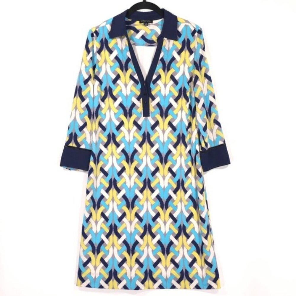 Etcetera Women's Shift Dress Size 8‎ Geometric Multicolor VNeck Combo 100% SILK